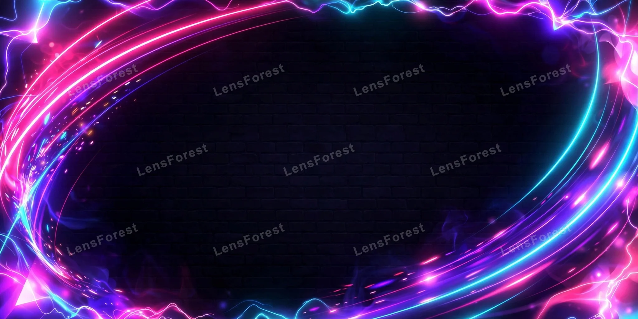 Neon Black Friday sale background with glowing pink, purple and cyan neon light streaks on a black canvas, large empty copy space for text