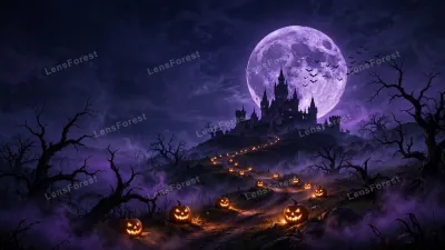 Dark haunted castle silhouette on a hill under a giant glowing purple full moon, flock of bats, glowing jack-o'-lanterns lining the winding path — Halloween desktop wallpaper