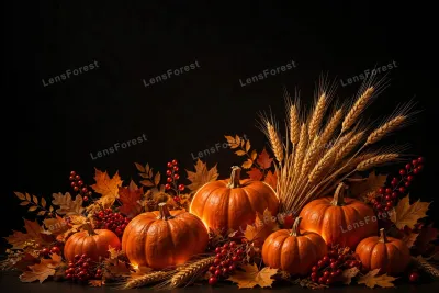 Dark Thanksgiving harvest background with glowing orange pumpkins, golden wheat stalks, red berries and amber autumn leaves on a near-black background with empty copy space