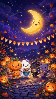 Cute kawaii Halloween wallpaper: pumpkin kid, ghost kid, black cat in witch hat and purple bat carrying candy buckets on a cobblestone path of jack-o-lanterns under a smiling golden crescent moon — mobile phone wallpaper