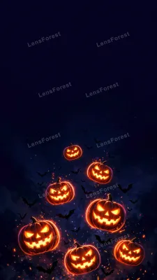 Glowing neon jack-o'-lantern pumpkins floating through a dark starry Halloween night sky with bat silhouettes and ember sparks — free HD mobile wallpaper