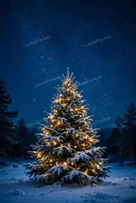 Snow-dusted Christmas tree decorated with warm golden glowing lights under a deep blue starry night sky, fresh snow on the ground, free HD stock photo