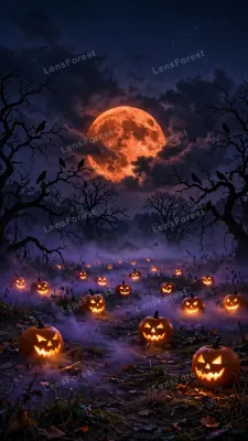Halloween wallpaper of a foggy glowing pumpkin field with a giant blood-orange harvest moon, crow silhouettes and drifting purple mist