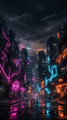Photorealistic cyberpunk city street at night in rain, wet asphalt reflecting magenta, cyan and orange neon signs, huge empty dark sky copy space at top