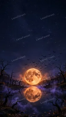 Giant blood-orange harvest moon rising over a haunted autumn lake with mirror reflection on dark water, silhouetted dead trees, flying bats and purple mist in a starry indigo night sky