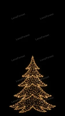 Golden light Christmas tree silhouette on pure black background with warm fairy lights forming a glowing tree outline