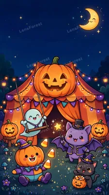 Cute kawaii Halloween circus night scene — smiling ghost acrobat, pumpkin clown juggling candy corn, bat ringmaster and black kitten under a glowing jack-o'-lantern big-top tent with string lights and a crescent moon