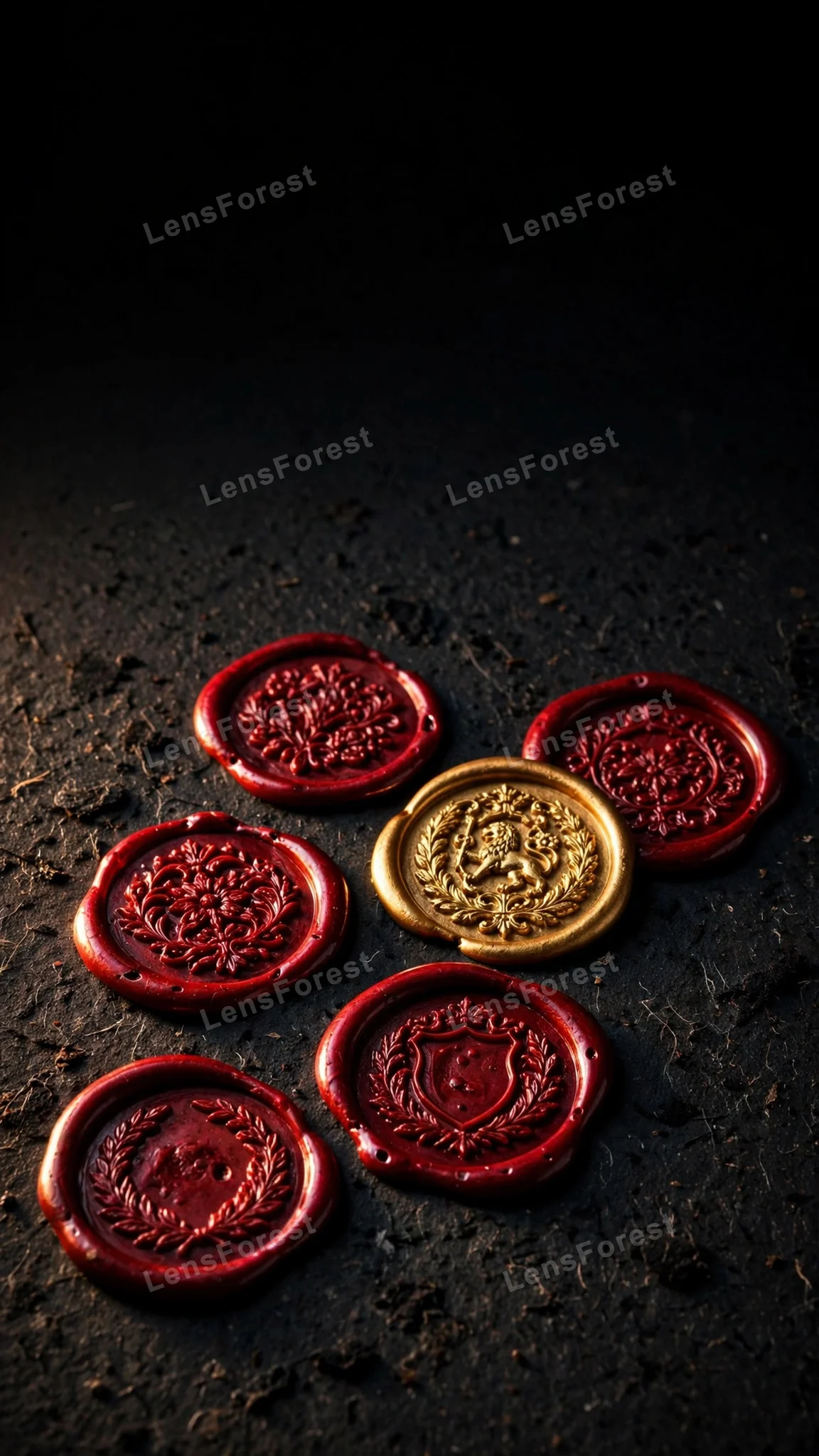 Macro photograph of glossy deep-red wax seals and a gold embossed wax seal with heraldic crest on dark black textured handmade paper, with empty copy space above