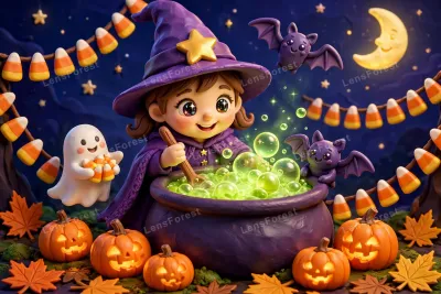 Cute 3D clay-style illustration of a smiling little witch girl in a purple pointed witch hat stirring a bubbling lime-green glowing cauldron at night, surrounded by glowing jack-o'-lantern pumpkins, a tiny ghost helper carrying candy corn, cute purple bat