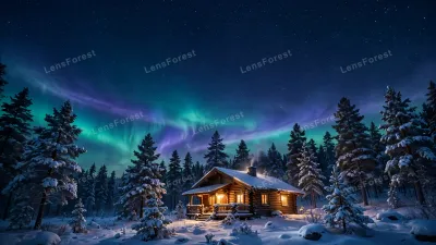 Photorealistic winter night wallpaper showing a warmly lit log cabin under vivid teal-green aurora borealis with starry indigo sky and snow-covered pines
