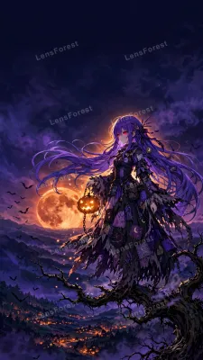 Original anime-style illustration of a mysterious spirit sorceress with long flowing violet hair and glowing crimson eyes, holding a glowing jack-o'-lantern lantern on a chain, standing on a twisted moonlit dead-tree branch beneath a giant blood-orange ha