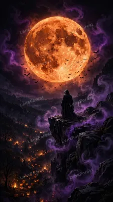 Dark aesthetic Halloween wallpaper: a lone hooded figure stands on a rocky cliff gazing at a giant glowing blood-orange harvest moon, with purple mist, flying bats and a valley of glowing jack-o'-lanterns below.