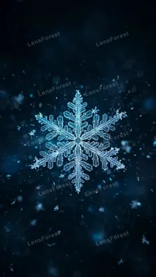 Extreme macro photograph of a single glowing ice-blue crystalline snowflake on a dark blue winter night background with soft bokeh