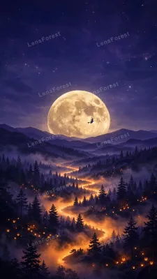 Halloween night landscape phone wallpaper: a giant pale-gold harvest moon rises over layered purple mountain ridges with a tiny witch silhouette flying across it on a broomstick, a winding river of glowing orange mist flowing through a dark pine valley do