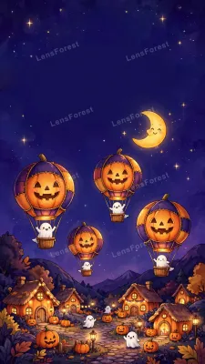 Cute kawaii Halloween phone wallpaper: smiling jack-o'-lantern hot-air balloons glowing over a cozy pumpkin village at night, tiny friendly ghosts waving from the balloon baskets, smiling crescent moon and twinkling stars in a deep indigo sky with empty l