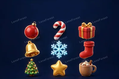Glossy 3D Christmas icons — red bauble ornament, candy cane, gift box with gold ribbon, golden bell, glowing snowflake, red stocking, decorated Christmas tree, gold star and hot cocoa mug — floating on a deep navy background