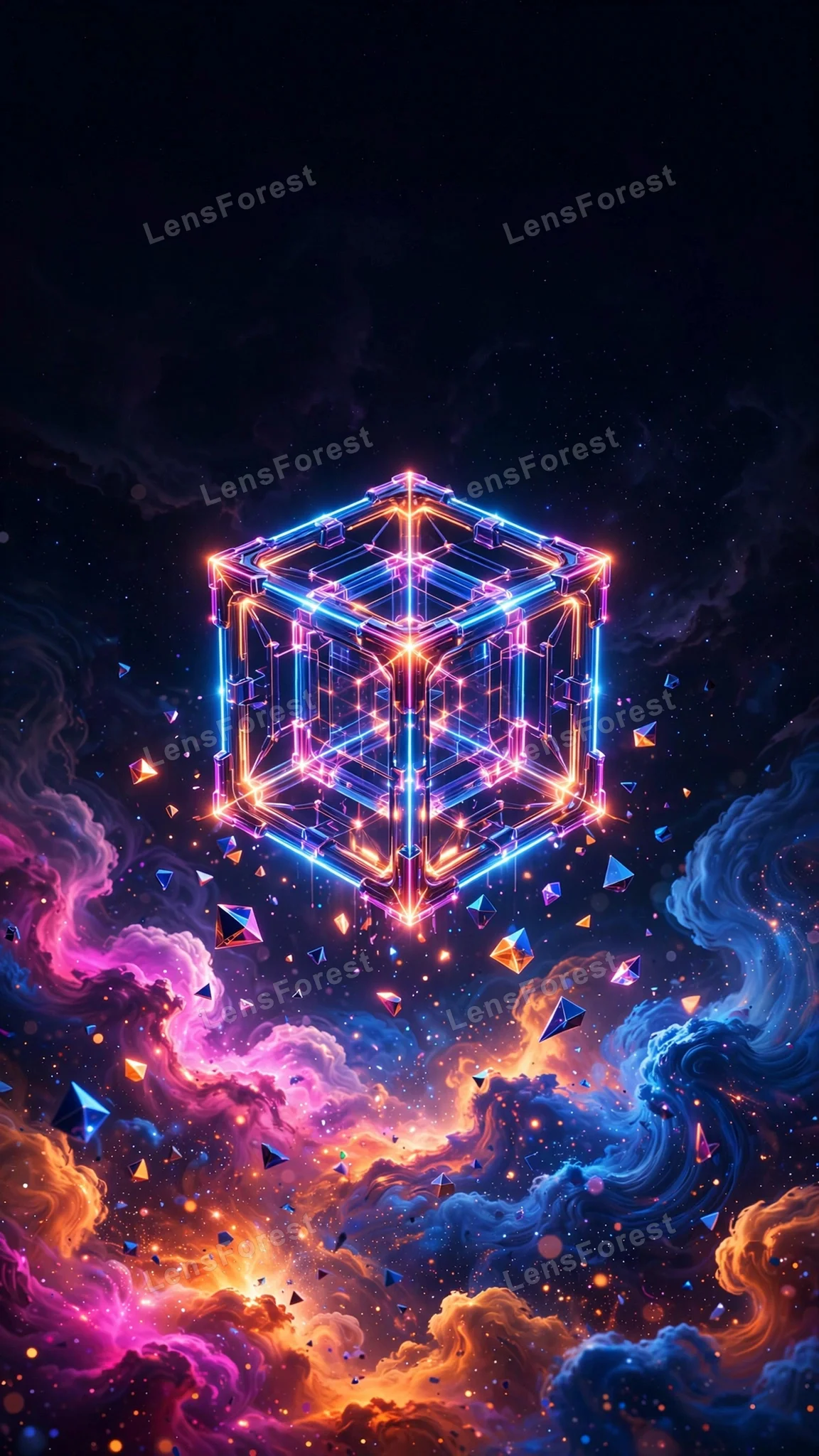 A glowing neon hypercube (tesseract) with luminous magenta and blue edges floating above a vivid cosmic nebula landscape of orange and purple clouds, starfield and floating geometric shards, dark copy space at top — free mobile wallpaper download.