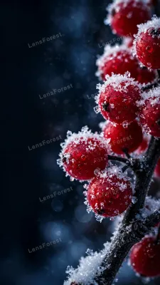 Macro close-up of frosted crimson-red winter berries dusted with fresh snow and ice crystals on a dark branch, deep blue snowy forest bokeh background with empty copy space