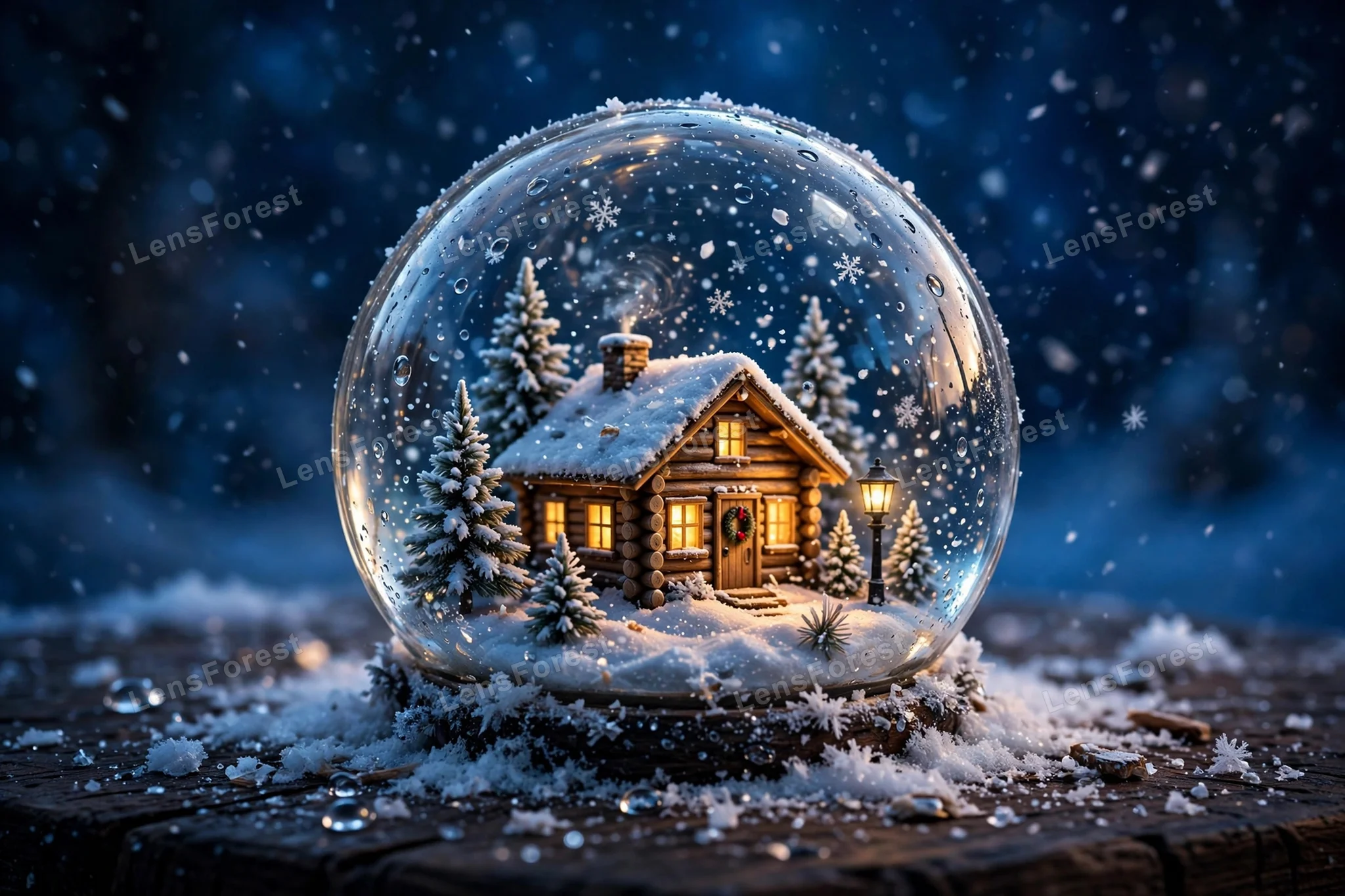 A magical glass snow globe holding a cozy glowing log cabin, snow-covered pine trees and falling snow, on a deep cobalt-blue winter night background
