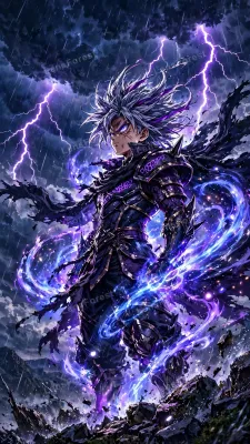 Original anime warrior with wild silver spiky hair and glowing violet eyes in dark spiked armor, surging purple-blue energy aura, standing on rocks under a rain-swept dark navy storm sky with vivid purple lightning bolts