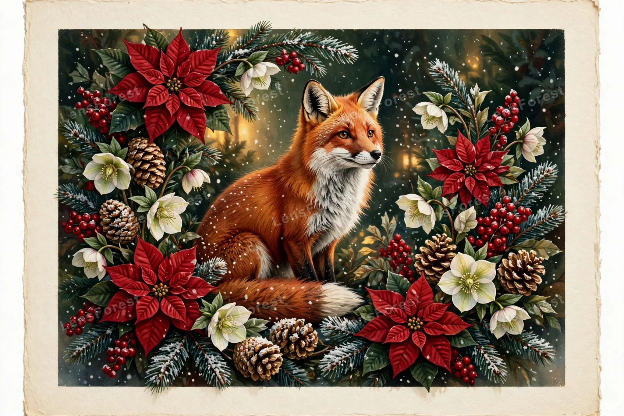 Elegant red fox sitting among red poinsettias, white hellebore flowers, pinecones, red berries and frosted pine branches with falling snow on a cream Christmas card