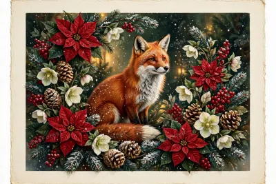 Elegant red fox sitting among red poinsettias, white hellebore flowers, pinecones, red berries and frosted pine branches with falling snow on a cream Christmas card