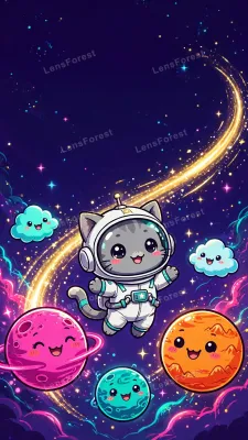 Cute kawaii space cat astronaut floating among smiling planets and neon stars in a deep indigo cosmic sky, mobile phone wallpaper