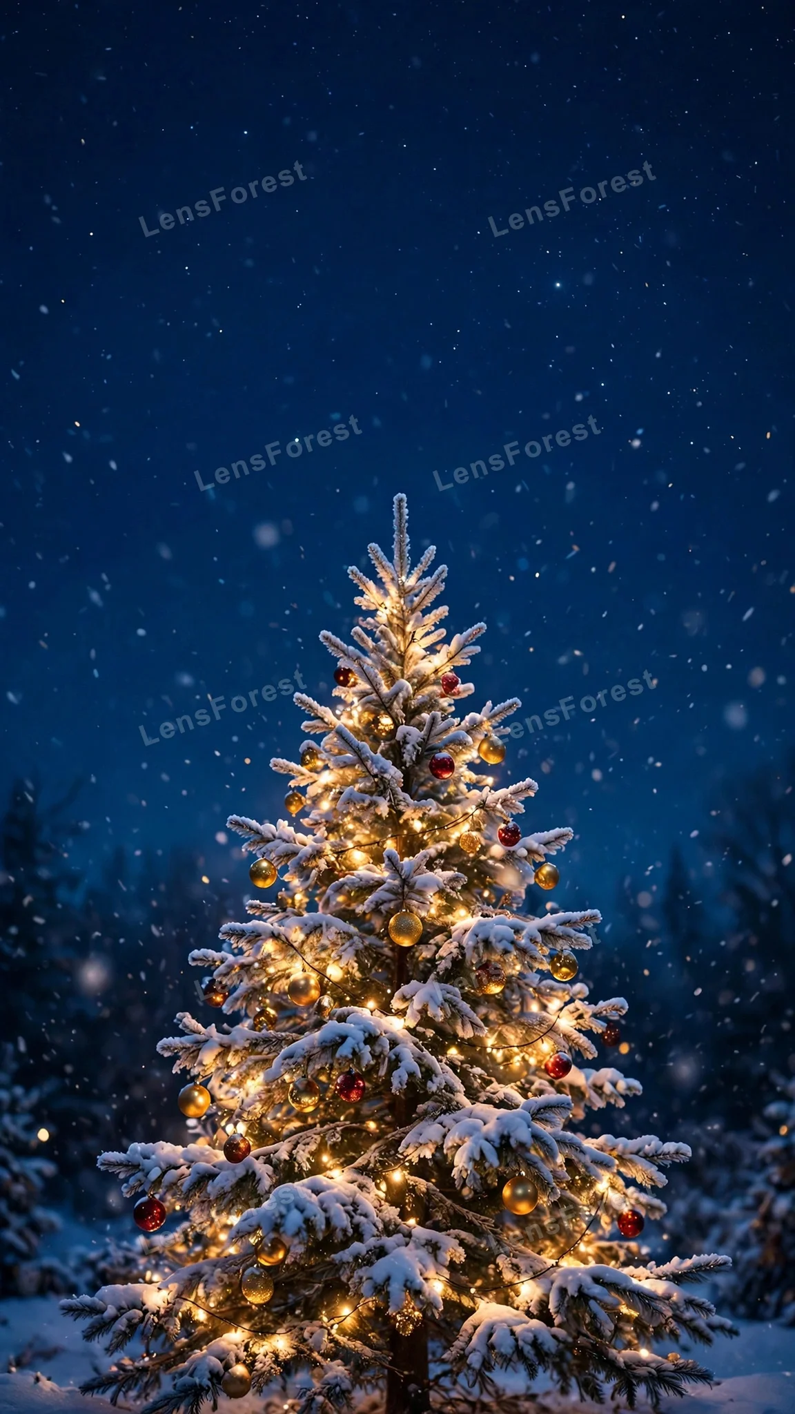 Snow-dusted Christmas tree with glowing gold and red ornaments standing under a starry deep-blue night sky, falling snowflakes — free HD phone wallpaper