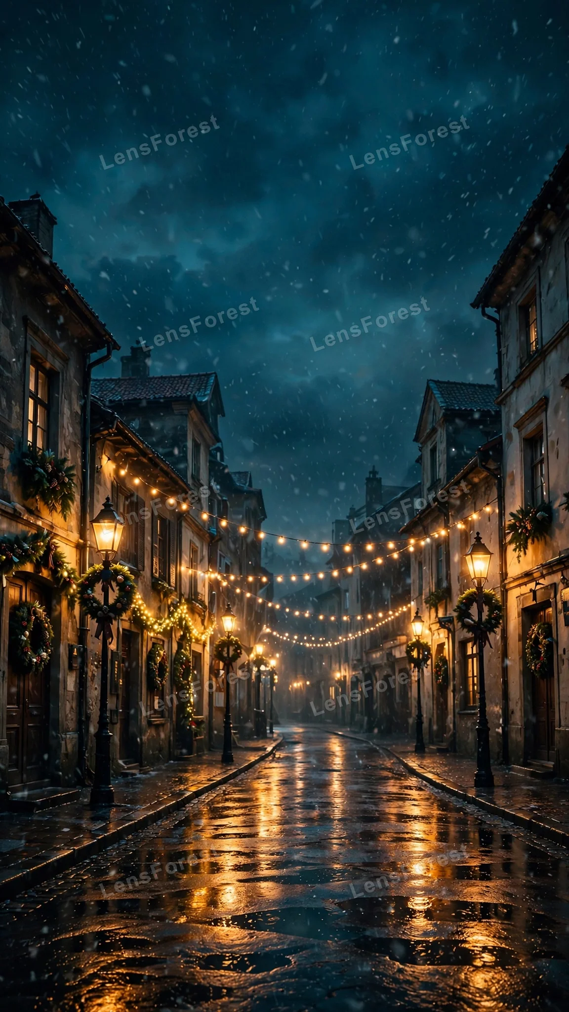 Rainy Christmas night street with glowing Christmas string lights, wreaths and warm golden reflections on wet asphalt under falling snow