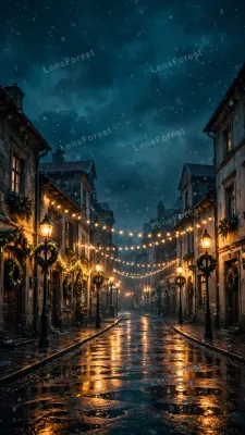 Rainy Christmas night street with glowing Christmas string lights, wreaths and warm golden reflections on wet asphalt under falling snow