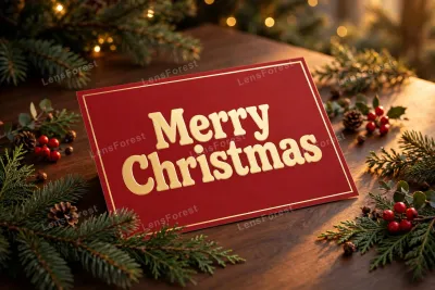 Retro modern Merry Christmas greeting card mockup with gold typography on a red card, pine sprigs and red berries on a dark wooden desk