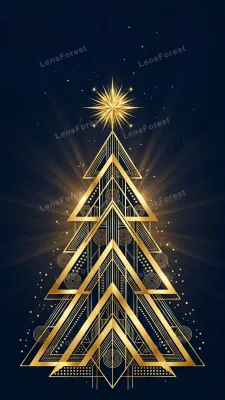 Geometric gold Christmas tree on deep navy blue background — art deco holiday poster