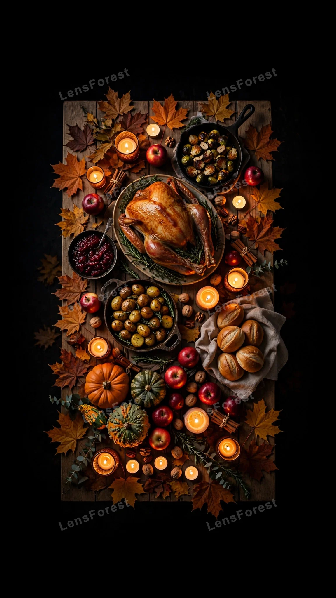 Overhead Thanksgiving harvest feast table at night with golden roast turkey, pumpkins, apples, maple leaves and glowing candles on dark wooden table