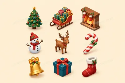 Isometric 3D Christmas icons pack — glossy Christmas tree, sleigh, fireplace, snowman, reindeer, candy cane, golden bell, gift box and stocking on warm cream grid