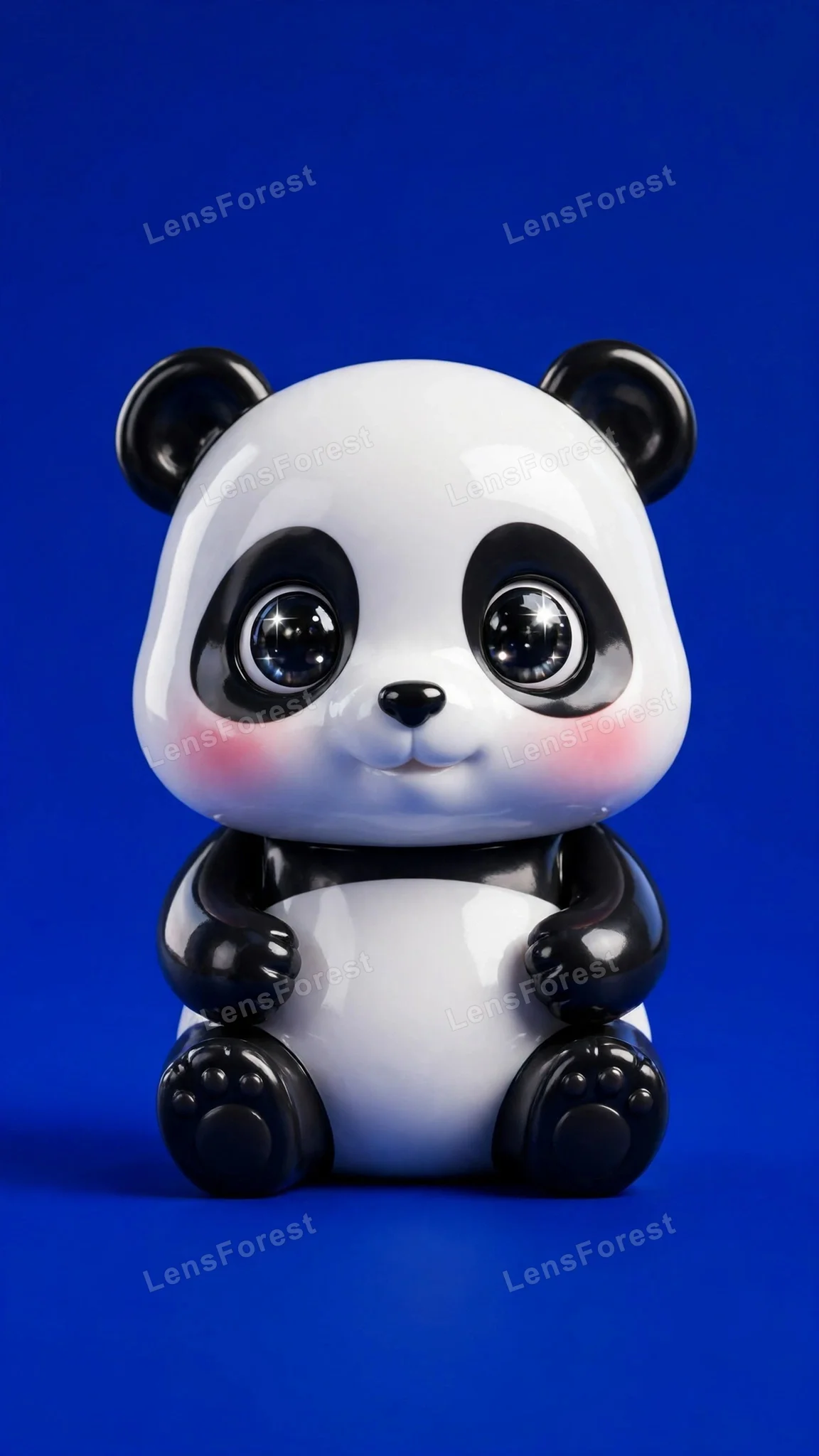 Cute glossy 3D baby panda character with big sparkling eyes and rosy cheeks centered on a solid deep cobalt-blue background