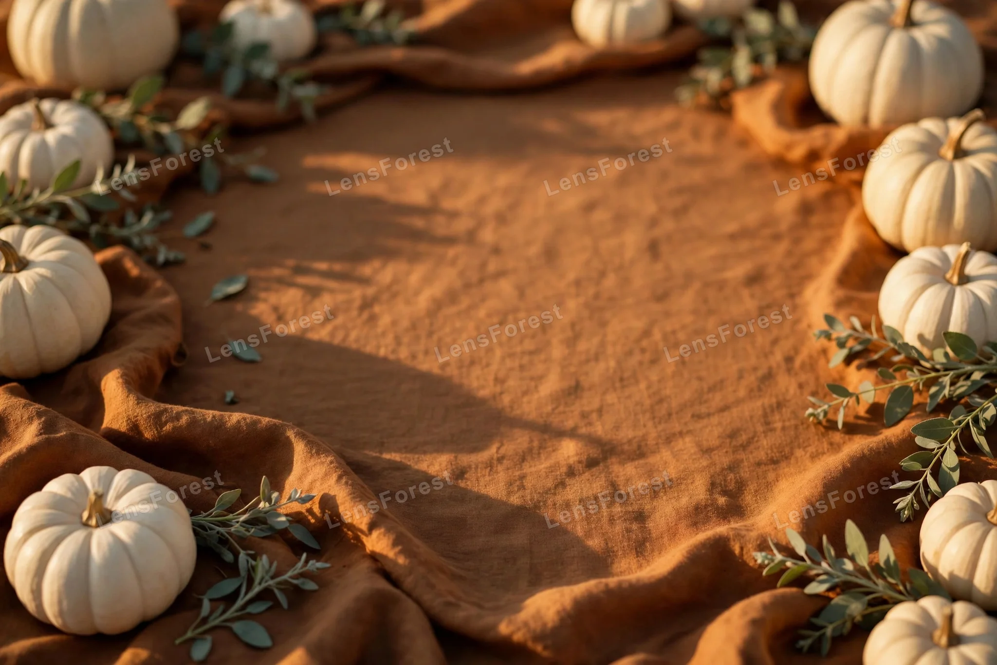 Minimal Thanksgiving background with white and cream pumpkins and sage eucalyptus sprigs arranged around the edges on warm caramel linen, large empty copy space in the center