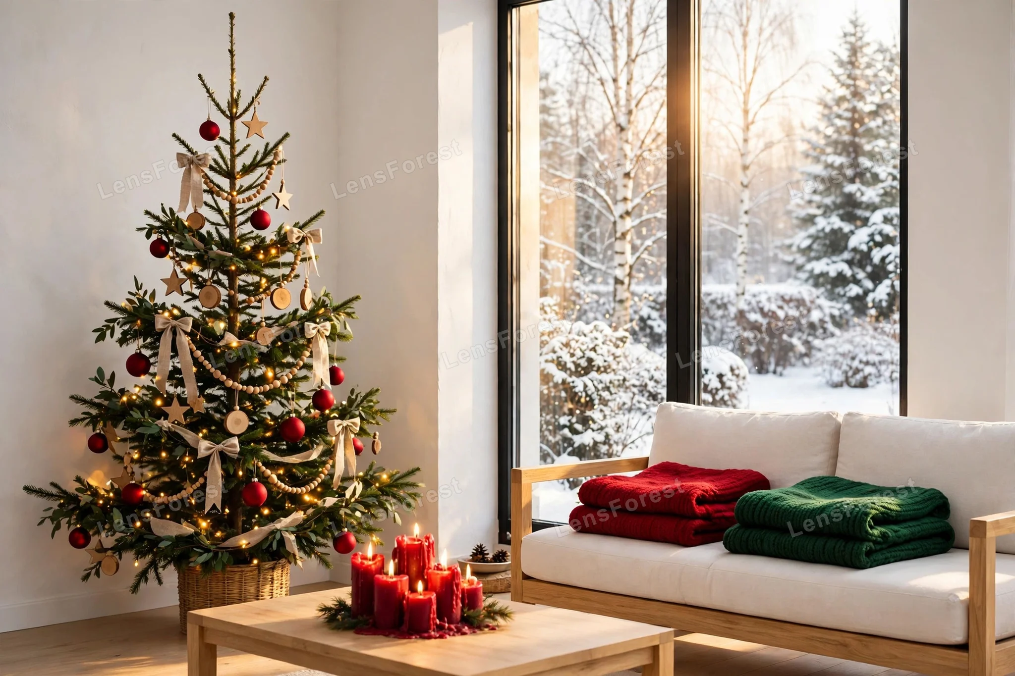 Scandinavian minimal Christmas living room interior with a sparse Nordic Christmas tree decorated with wooden ornaments, linen ribbons and red baubles, knit blankets and burning candles, snowy winter garden visible through a tall window