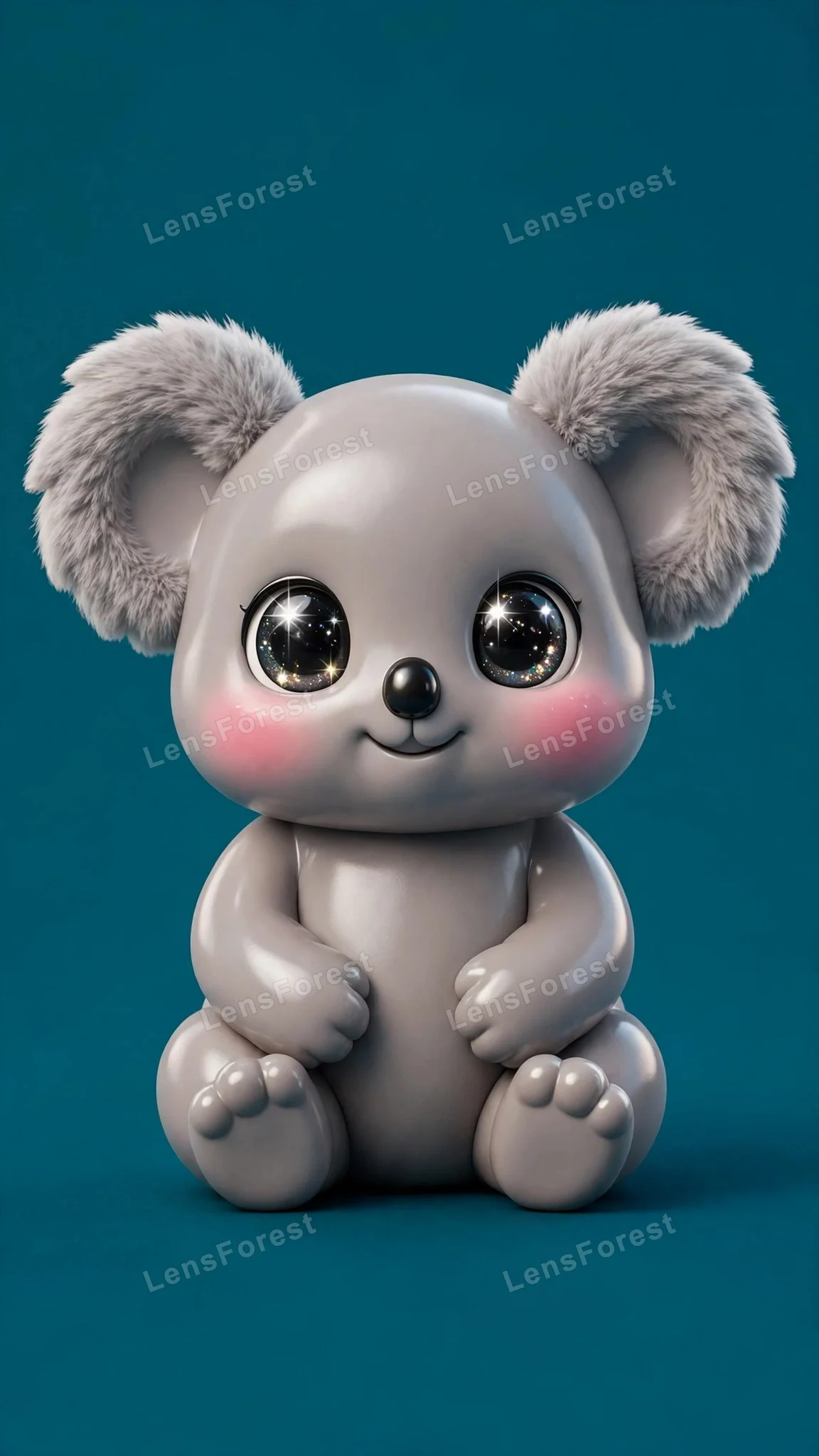 Cute glossy 3D baby koala character with sparkling eyes and rosy cheeks on a solid deep teal background — free HD download