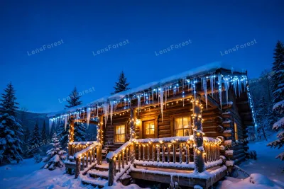 Snowy log cabin porch at blue hour decorated with glowing icicle lights and warm string lights, warm glowing windows and deep blue twilight sky