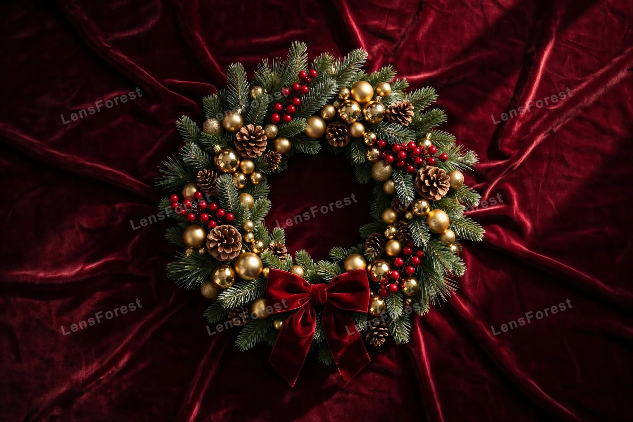 Lush Christmas wreath with pine branches red berries gold ornaments pinecones and a velvet bow centered on deep burgundy velvet fabric flat lay with copy space