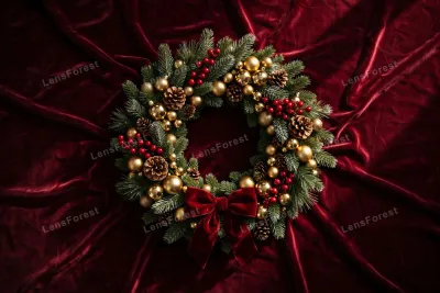 Lush Christmas wreath with pine branches red berries gold ornaments pinecones and a velvet bow centered on deep burgundy velvet fabric flat lay with copy space