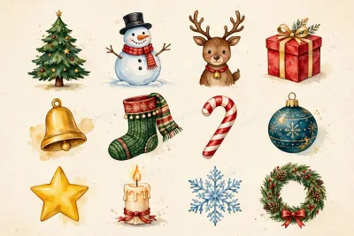 Hand-painted watercolor Christmas icon set with twelve festive icons — Christmas tree, snowman, reindeer, gift box, golden bell, stocking, candy cane, ornament bauble, star, candle, snowflake and wreath — on warm cream paper