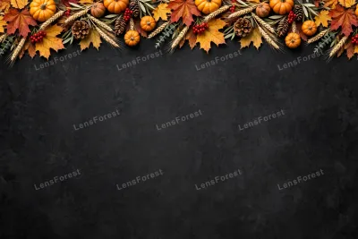Horizontal Thanksgiving garland border of maple leaves, mini pumpkins, red berries, wheat and pinecones across the top edge of a deep charcoal textured background with large empty copy space below