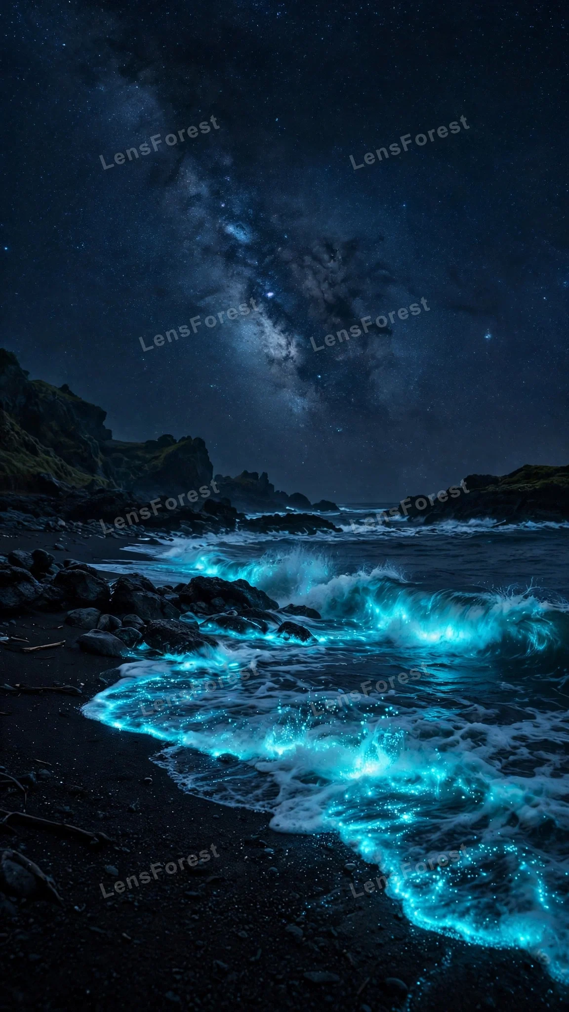 Black sand beach at night with glowing turquoise waves rolling onto the shore under a starry Milky Way sky