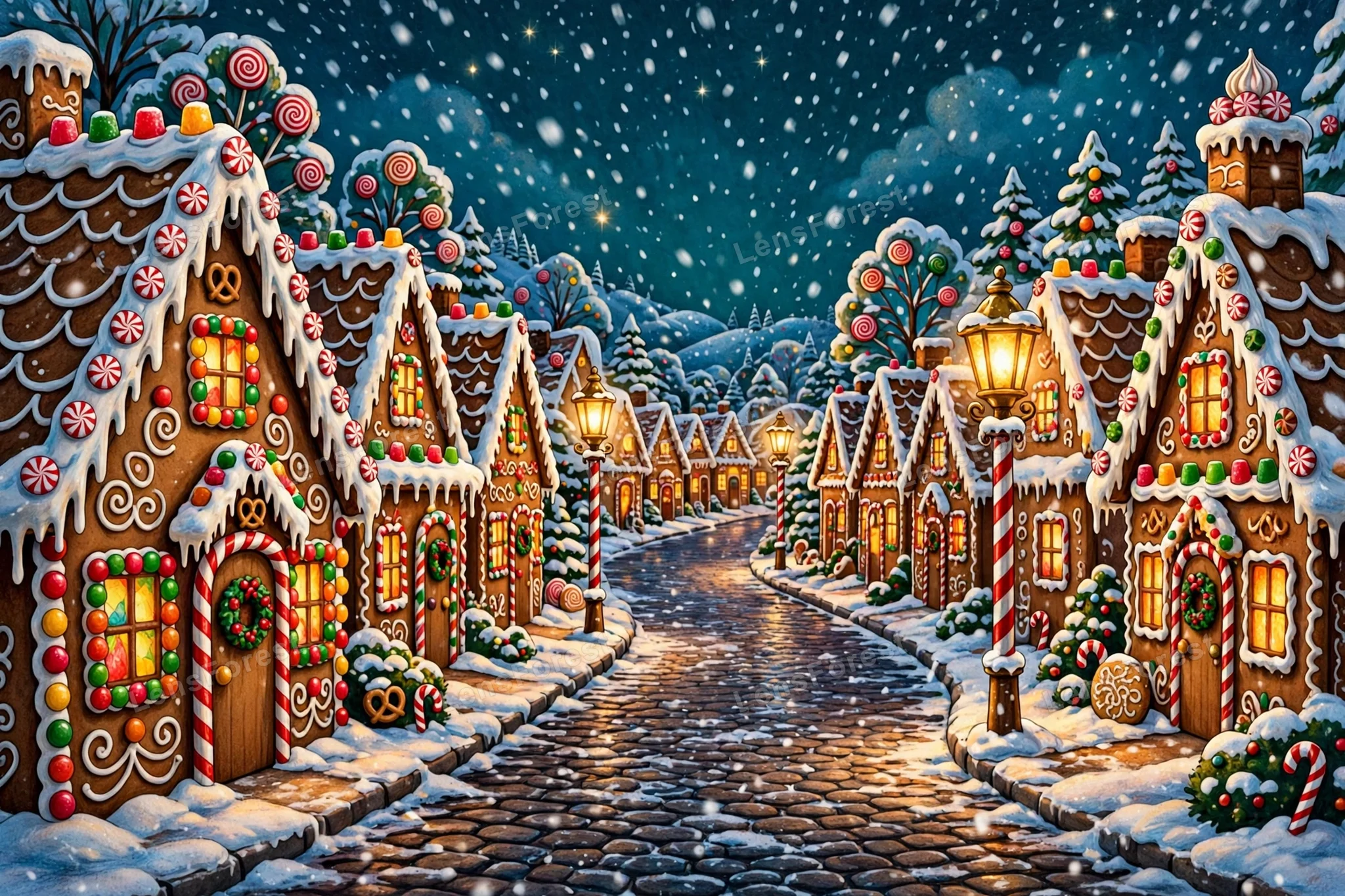 Cute gingerbread village street at night with rows of candy houses, glowing windows, icing-snow rooftops, candy-cane lampposts and gentle snowfall under a deep teal sky