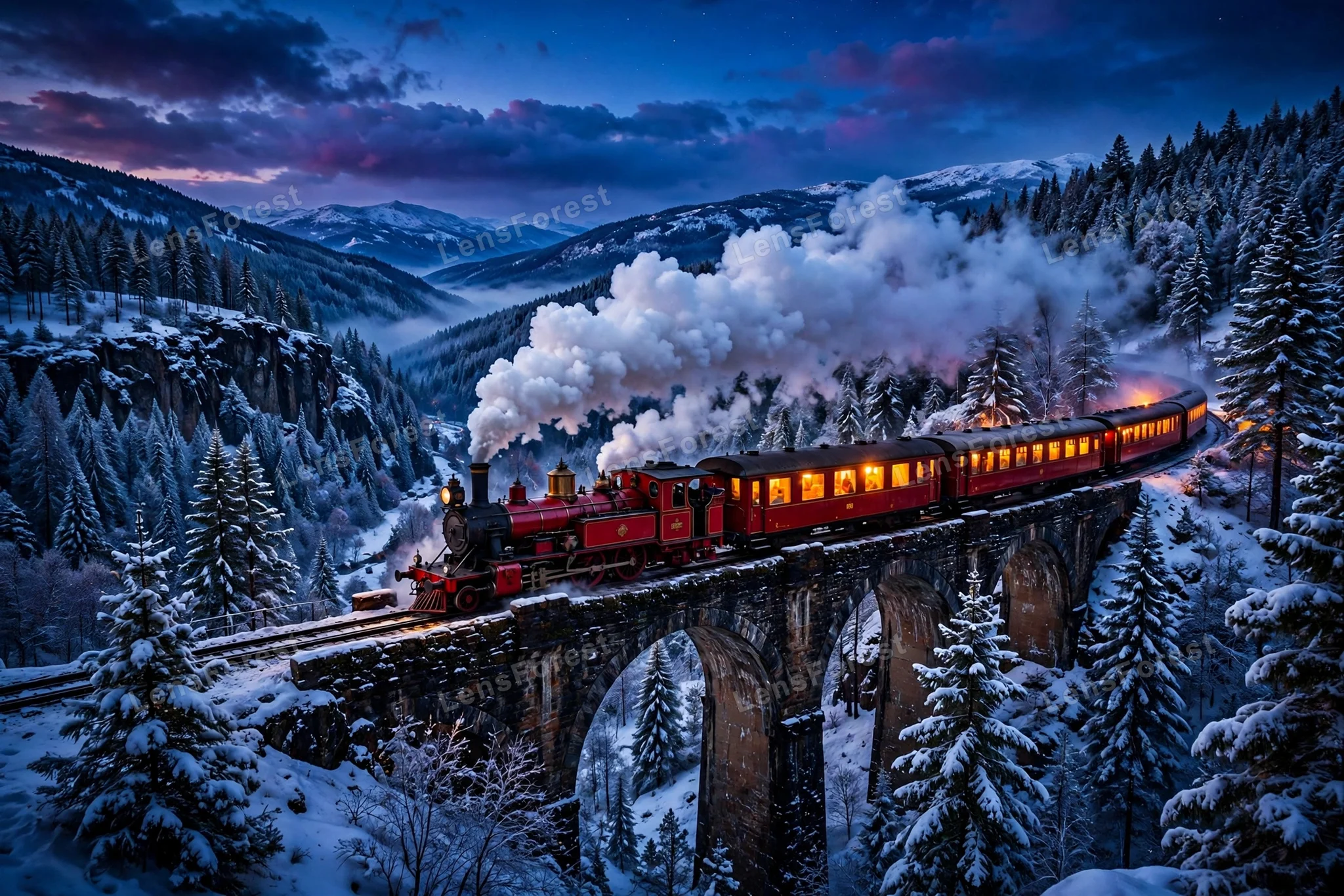 A vintage red steam train with warm glowing windows crossing a stone bridge over a snowy pine forest valley at deep blue dusk