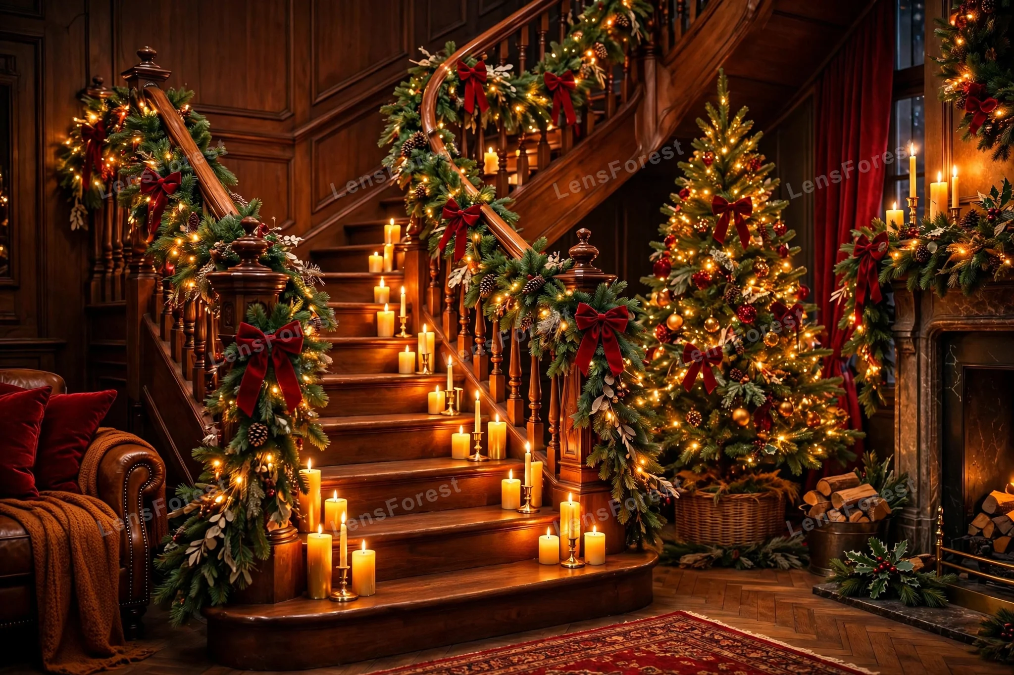 A grand wooden staircase decorated with pine garland, red velvet bows, warm fairy lights and glowing candles, with a lit Christmas tree beside it