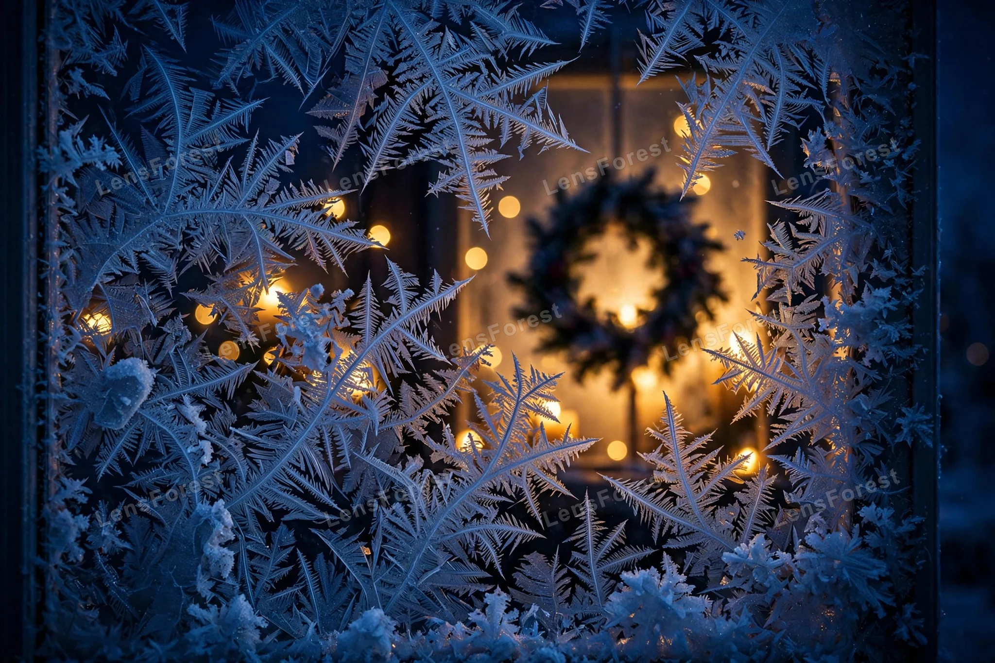 Frost-patterned window pane at night covered in intricate ice crystals, with warm candlelight, golden bokeh and a wreath silhouette glowing inside against a deep blue night