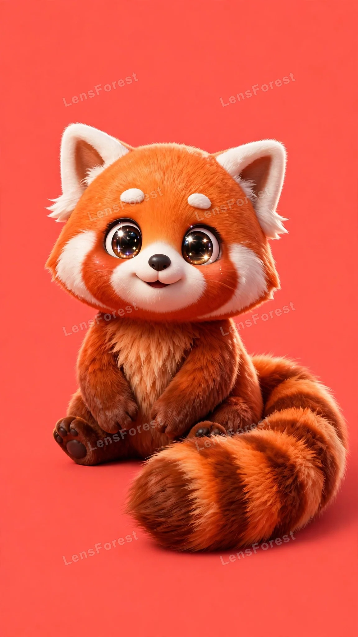 One adorable glossy 3D red panda character with big shiny sparkling eyes and a fluffy ringed tail, centered on a solid bold coral background