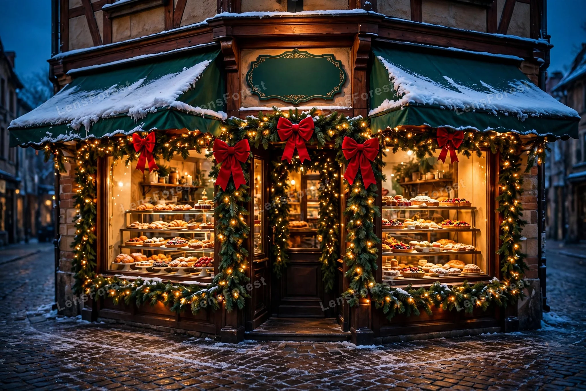 Charming Christmas bakery shopfront at dusk with warm glowing windows full of pastries, pine garlands with red bows and fairy lights, snow on the awnings and a cobblestone street